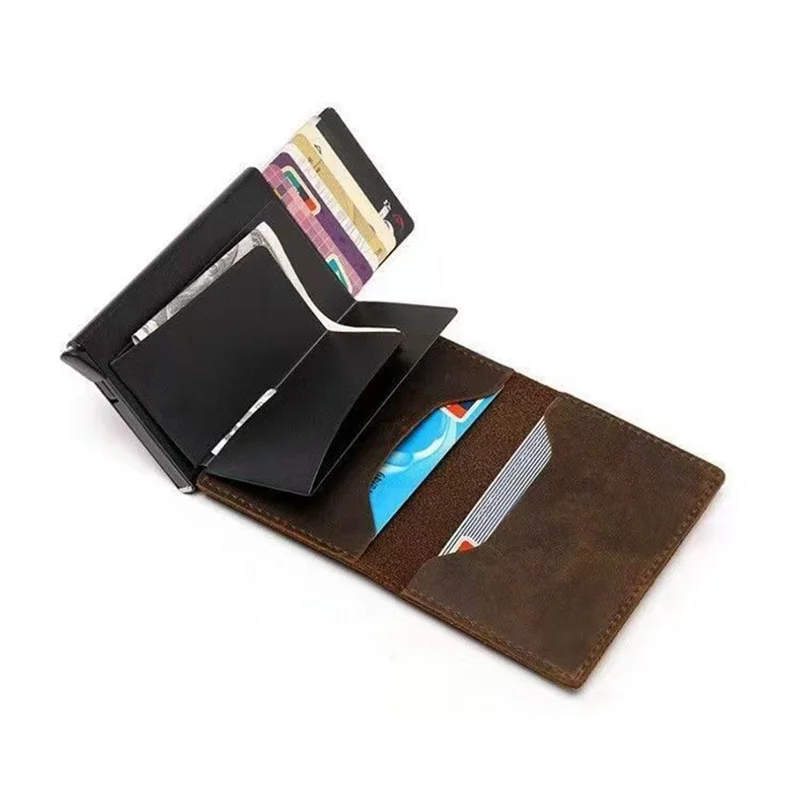 Portefeuille bifold avec protection RFID pour AirTag en cuir de vache véritable et boîtier à carte escamotable en alliage d'aluminium - Noir