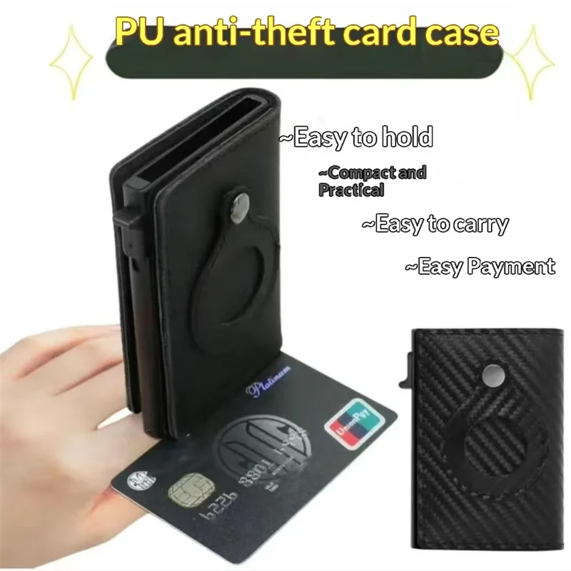 Portefeuille bifold avec protection RFID pour AirTag en cuir de vache véritable et boîtier à carte escamotable en alliage d'aluminium - Noir