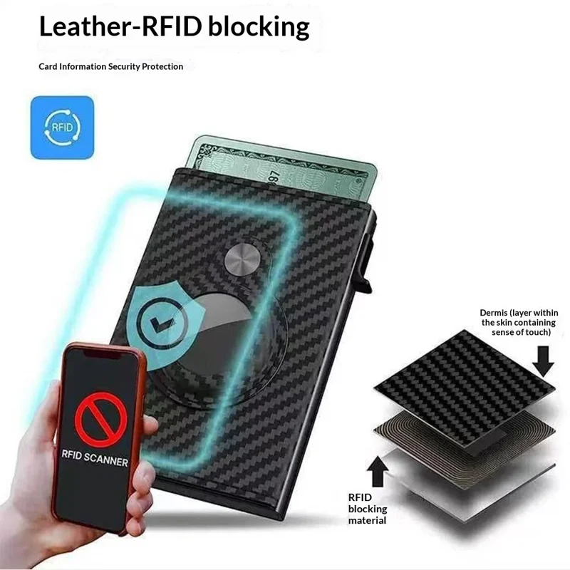 Portefeuille bifold avec protection RFID pour AirTag en cuir de vache véritable et boîtier à carte escamotable en alliage d'aluminium - Noir