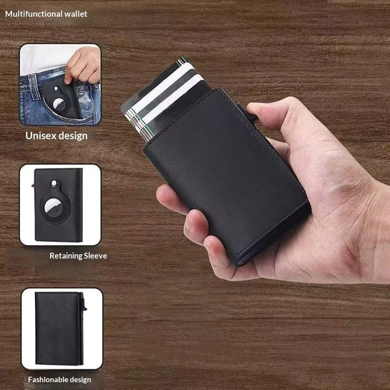 Portefeuille bifold avec protection RFID pour AirTag en cuir de vache véritable et boîtier à carte escamotable en alliage d'aluminium - Noir