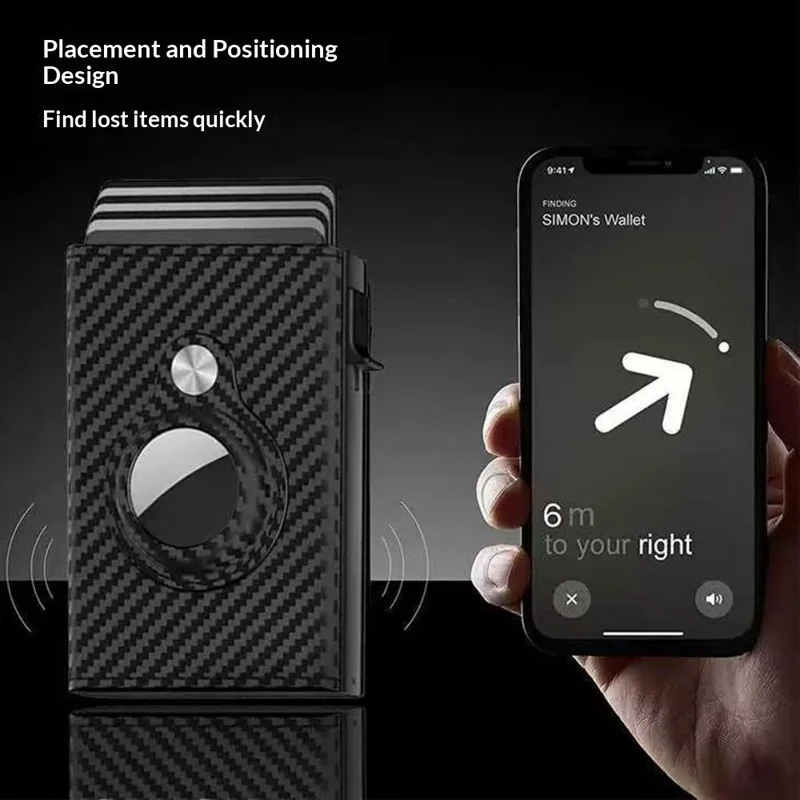 Portefeuille bifold avec protection RFID pour AirTag en cuir de vache véritable et boîtier à carte escamotable en alliage d'aluminium - Noir