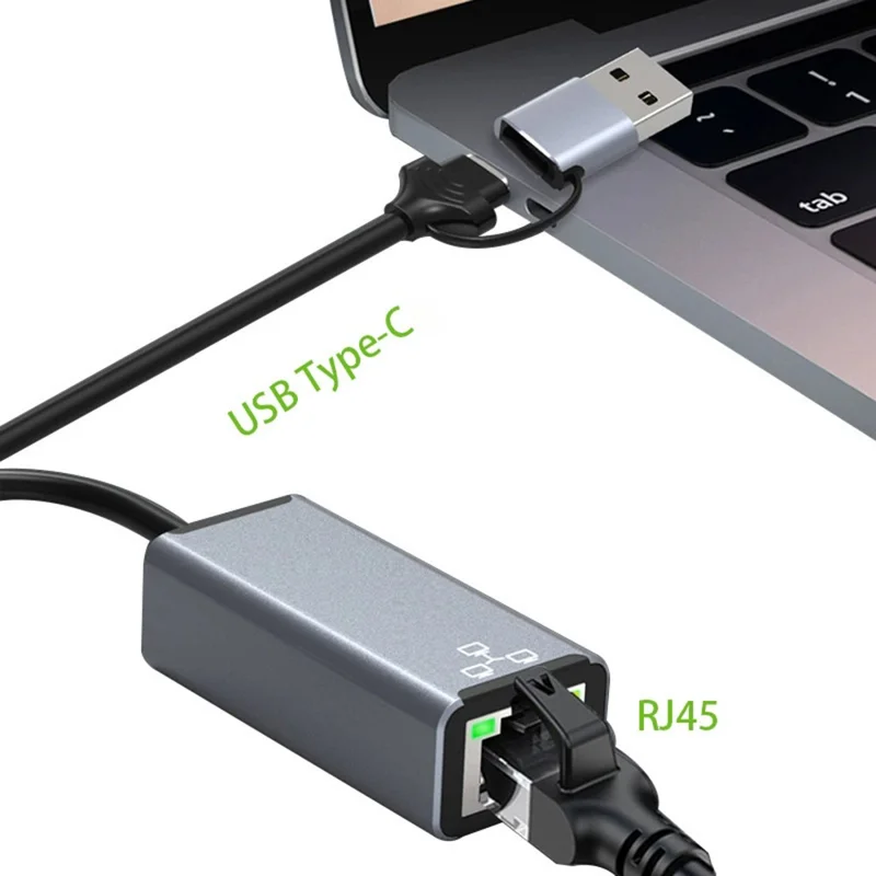 HC-72S USB-C / USB-A to RJ45 Ethernet Adapter 100Mbps LAN Network Converter for Laptop Phone Tablet - Grey