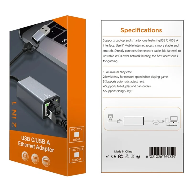 HC-72S USB-C / USB-A to RJ45 Ethernet Adapter 100Mbps LAN Network Converter for Laptop Phone Tablet - Grey