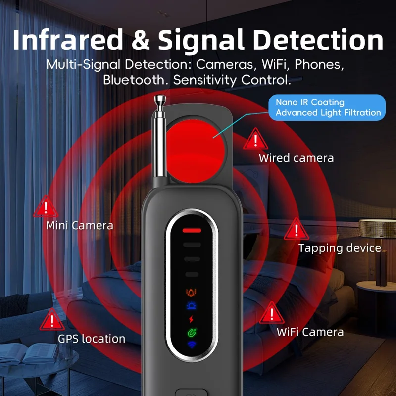 T012 Infrared Detection Anti-Spy Camera RF Signal Detector for Hotel Privacy Protection - Black