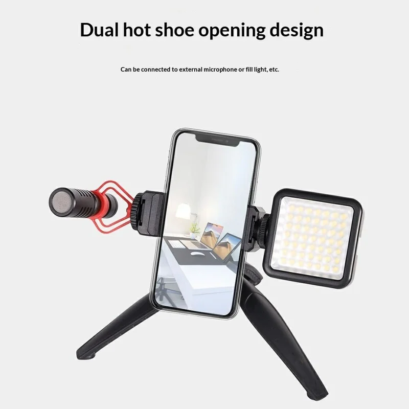 D010 Phone Clip Holder with Dual Hot Shoe Mount 1 / 4" Screw Thread for Live Streaming Tripod Stand - Black