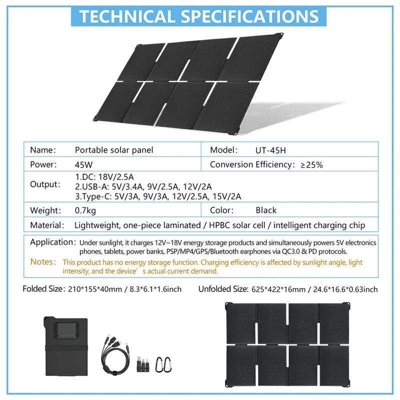 UT-80H 45W Foldable Solar Panel with Type-C  /  USB  /  DC Ports IP65 Waterproof Portable Solar Charger for Outdoor Camping - Black