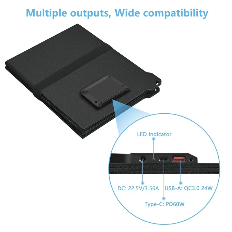UT-80H 80W Foldable Solar Panel with Type-C  /  USB  /  DC Ports IP65 Waterproof Portable Solar Charger for Outdoor Camping - Black