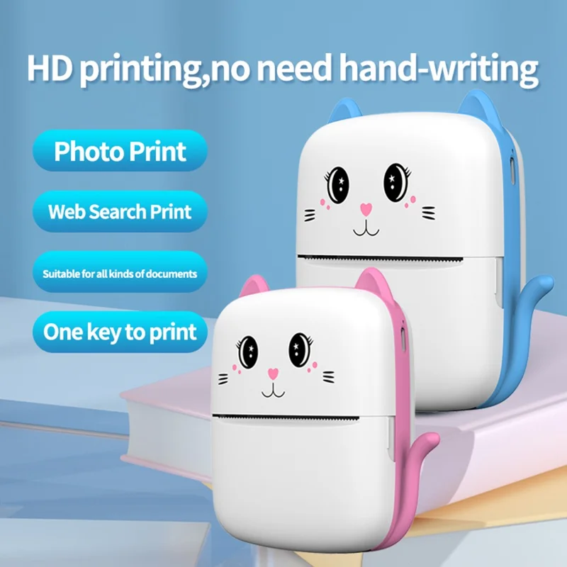 A9 Cartoon Cat Design Mini Thermal Printer 200 DPI Bluetooth-compatible Portable Pocket Printer (APP: AumiLabel) - Blue