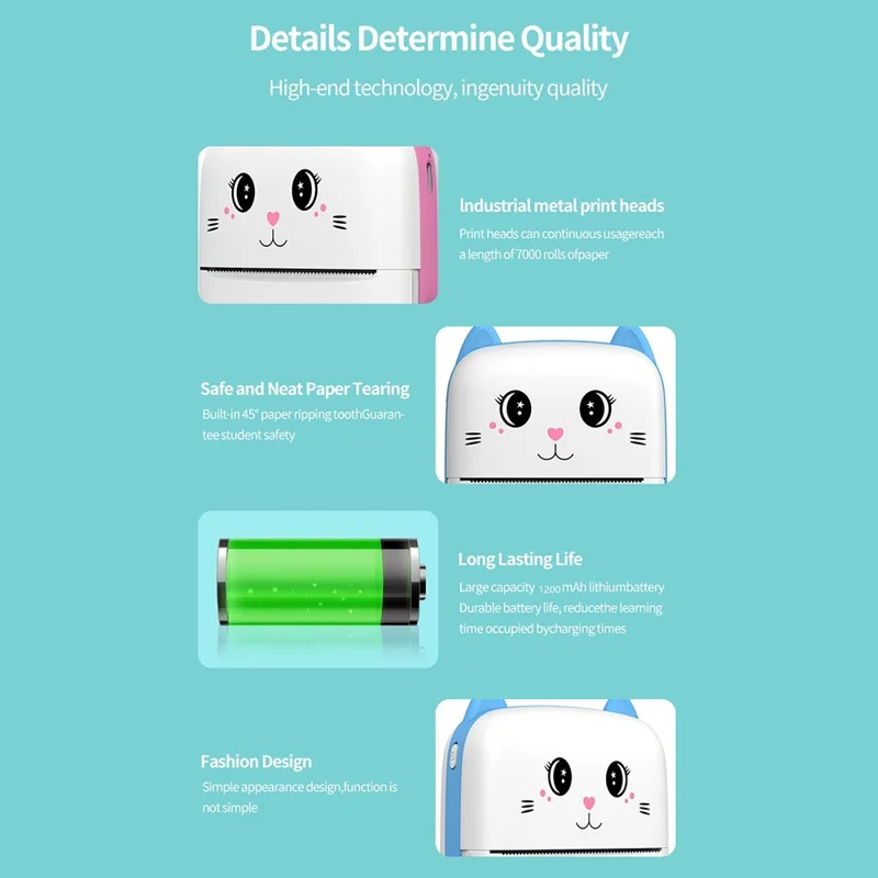 A9 Cartoon Cat Design Mini Thermal Printer 200 DPI Bluetooth-compatible Portable Pocket Printer (APP: AumiLabel) - Blue