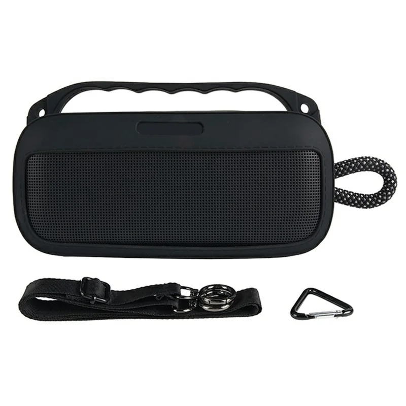 Silicone Case for Bose SoundLink Plus Speaker Dustproof Shockproof Portable Protective Cover with Carabiner Shoulder Strap - Black