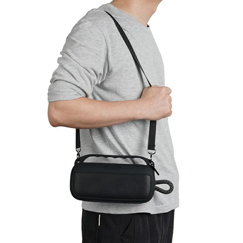 Silicone Case for Bose SoundLink Plus Speaker Dustproof Shockproof Portable Protective Cover with Carabiner Shoulder Strap - Black