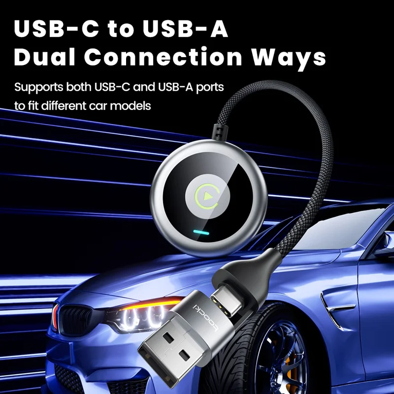 TOOCKI Wired to Wireless CarPlay Adapter USB-C to USB-A Bluetooth-compatible 5.0 Plug Play Converter