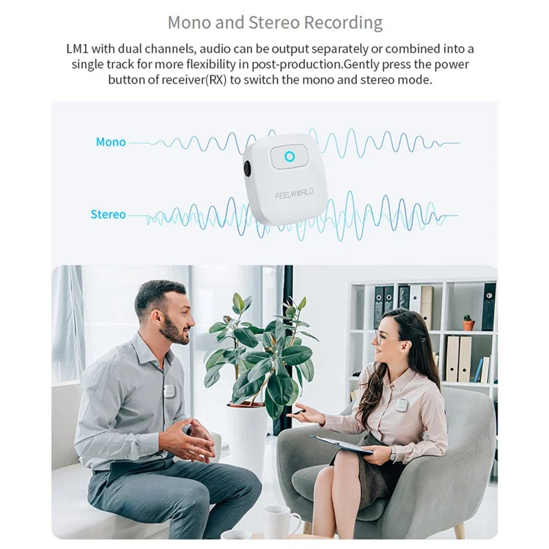 Microphone cravate sans fil FEELWORLD LM1-W avec récepteur USB-C, mini microphone avec réduction de bruit pour téléphone, caméra, PC
