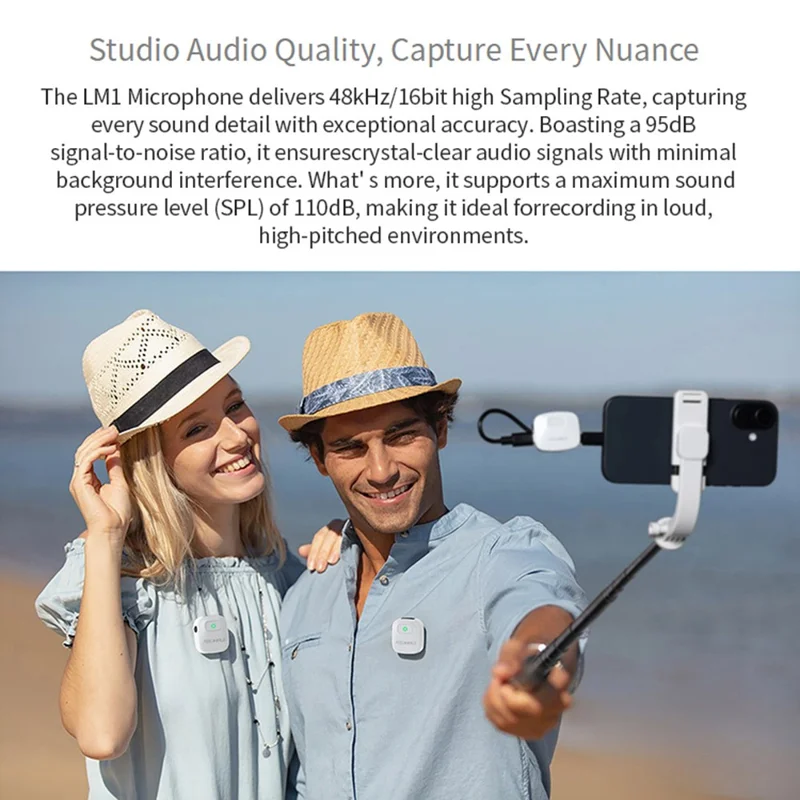 Microphone cravate sans fil FEELWORLD LM1-W avec récepteur USB-C, mini microphone avec réduction de bruit pour téléphone, caméra, PC