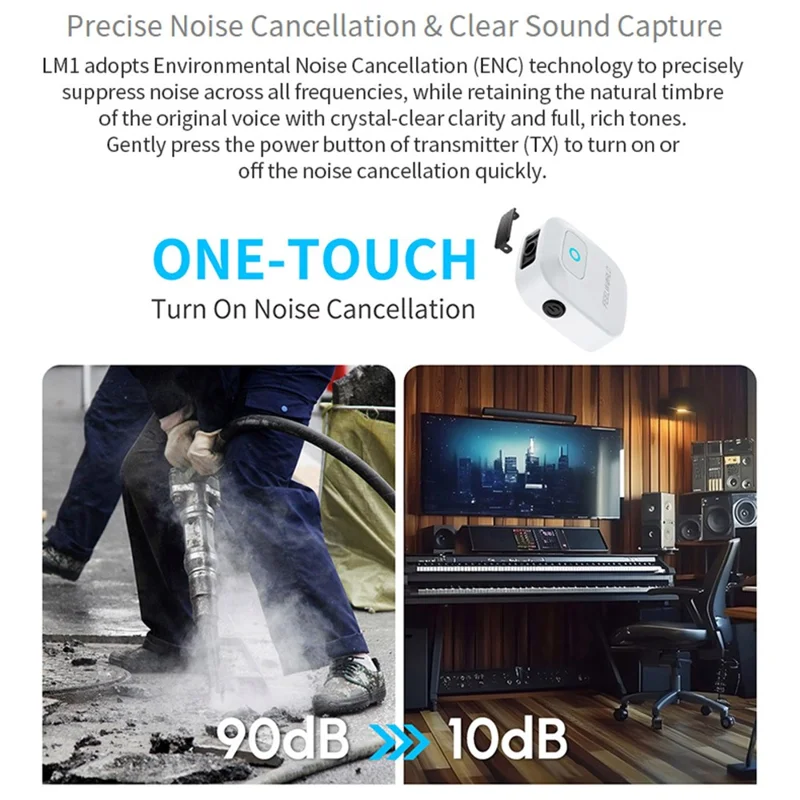 Microphone cravate sans fil FEELWORLD LM1-W avec récepteur USB-C, mini microphone avec réduction de bruit pour téléphone, caméra, PC