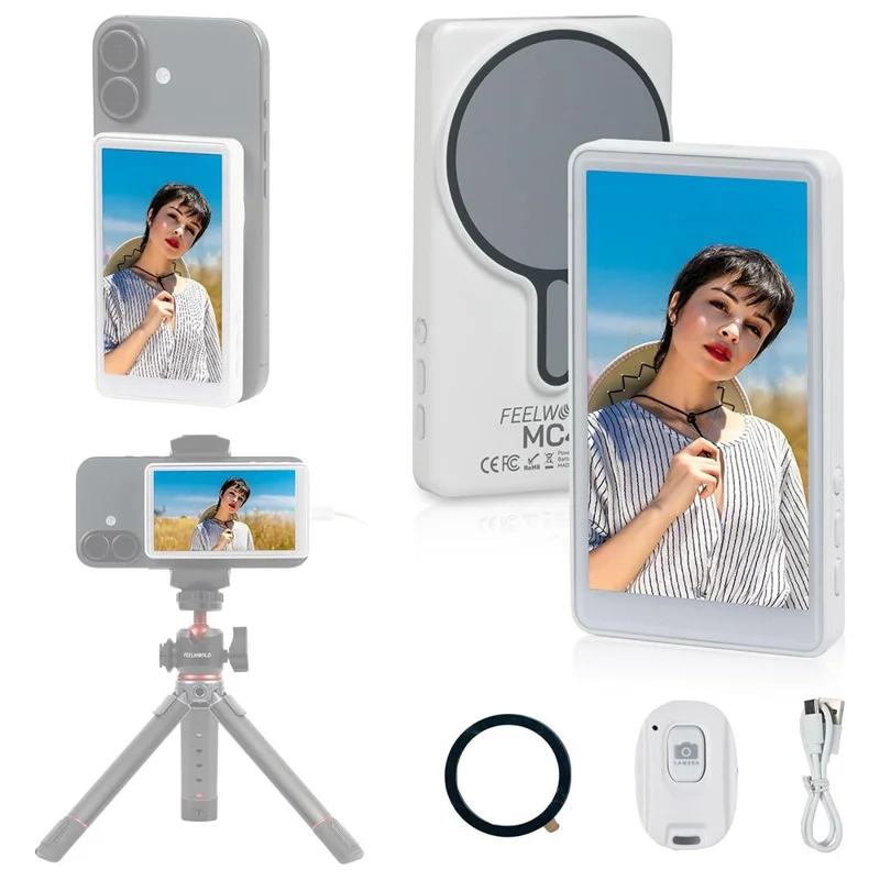 FEELWORLD MC4 4,02 inch magnetisch draadloos selfie-scherm met Bluetooth-compatibele afstandsbediening, camera beeldscherm voor vloggen, live streamen, iPhone, Android