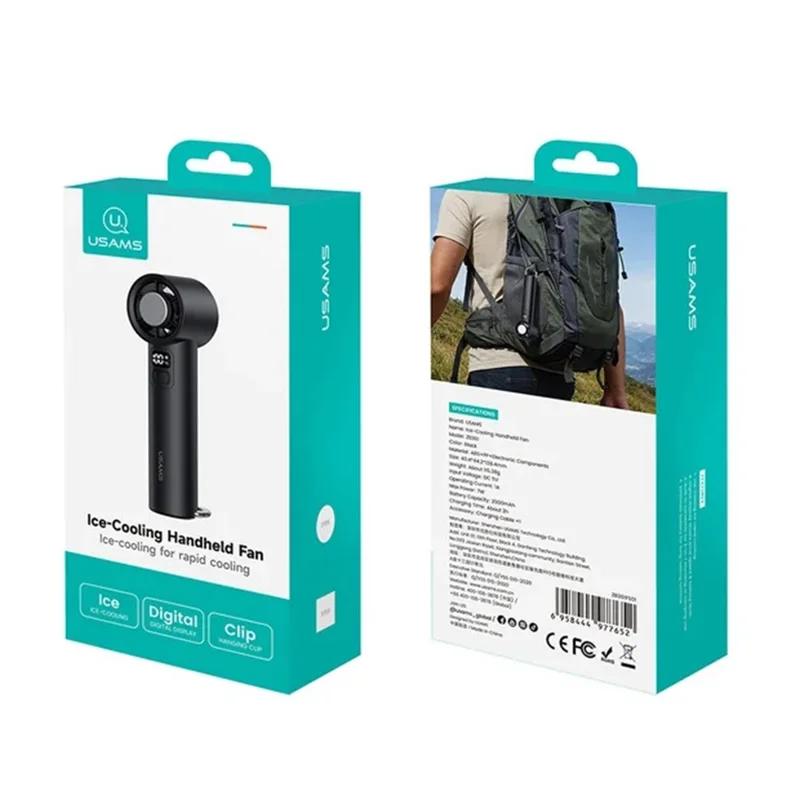 USAMS ZB361 Ice-Cooling Handheld Fan 2000mAh Digital Display 100-Speed Adjustable Fan for Outdoor - Black