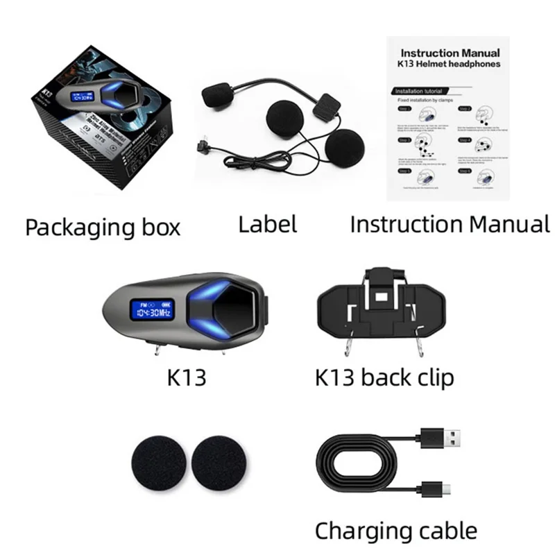 K13-2X Motorcycle Helmet Bluetooth-compatible Headset IP65 Waterproof Intercom 40H Battery Helmet Headphone (No Memory Card) - Black