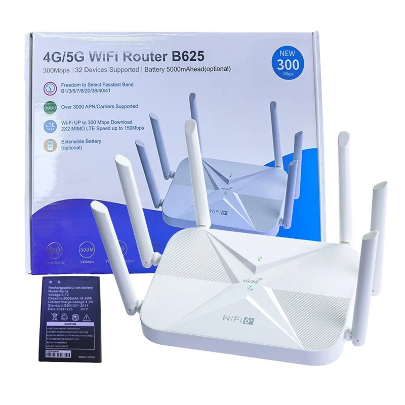 B625 4G WiFi 6 Router 300Mbps 6 Antenna 32 Devices 5000mAh Battery Wireless Router for Home Office - EU Plug