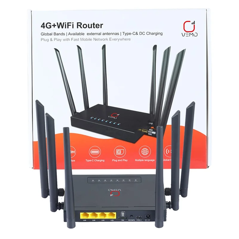 VEMO B628 4G LTE WiFi Router Cat.4 150Mbps 6 External Antennas Type-C Powered Global SIM Card Home Office Router - EU Plug