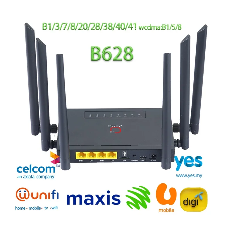 VEMO B628 4G LTE WiFi Router Cat.4 150Mbps 6 External Antennas Type-C Powered Global SIM Card Home Office Router - EU Plug