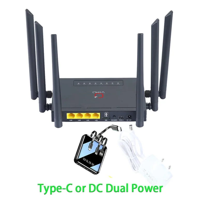 VEMO B628 4G LTE WiFi Router Cat.4 150Mbps 6 External Antennas Type-C Powered Global SIM Card Home Office Router - EU Plug