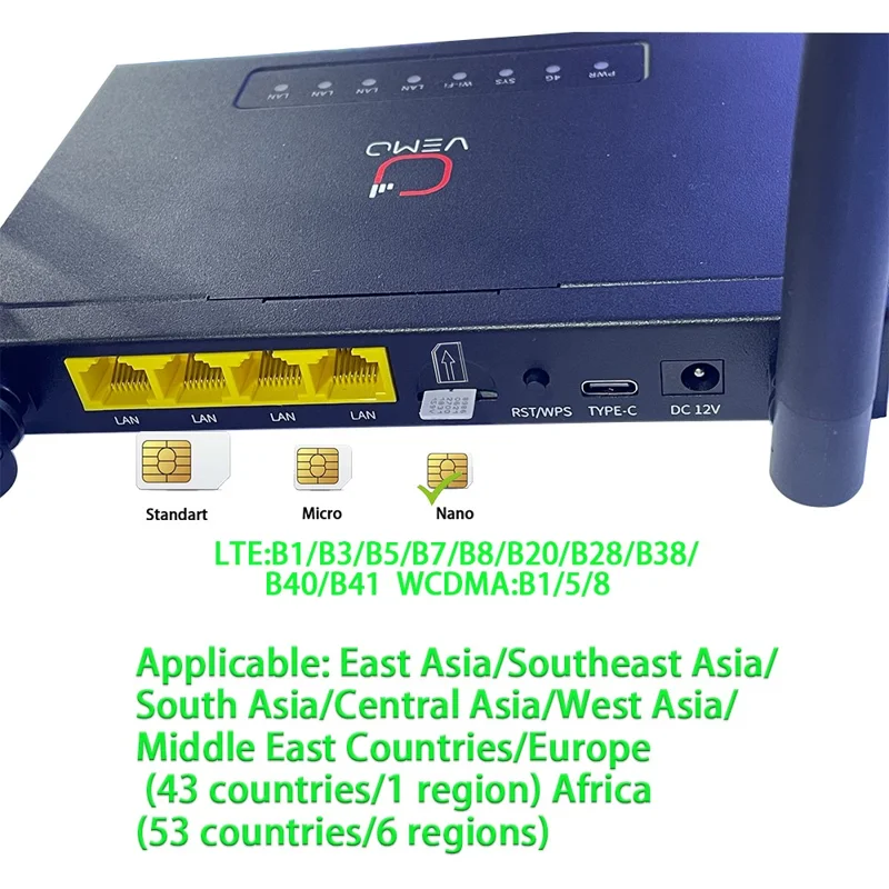 VEMO B628 4G LTE WiFi Router Cat.4 150Mbps 6 External Antennas Type-C Powered Global SIM Card Home Office Router - EU Plug