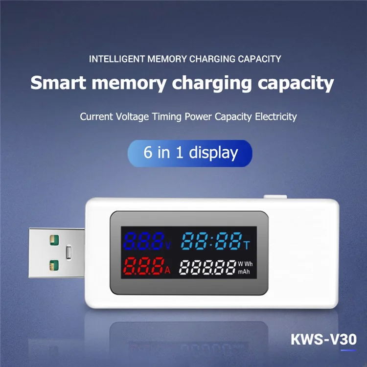 KWS-V30 6 em 1 Testador USB IPS Display DC Digital Tower Timing Capacidade do Medidor Detector - Branco