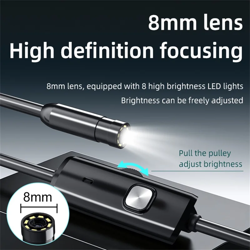 AN112 5m Hard Wire Endoscope Camera with iP (5-14) & Micro USB Adapter Waterproof 8-LED Inspection 8mm Camera Lens Borescope for Pipe Automotive