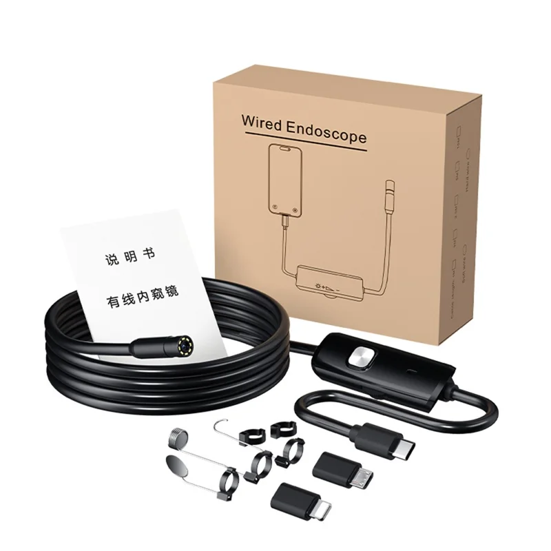 AN112 10m Hard Wire Endoscope Camera with iP (5-14) & Micro USB Adapter Waterproof 8-LED Inspection 8mm Camera Lens Borescope for Pipe Automotive