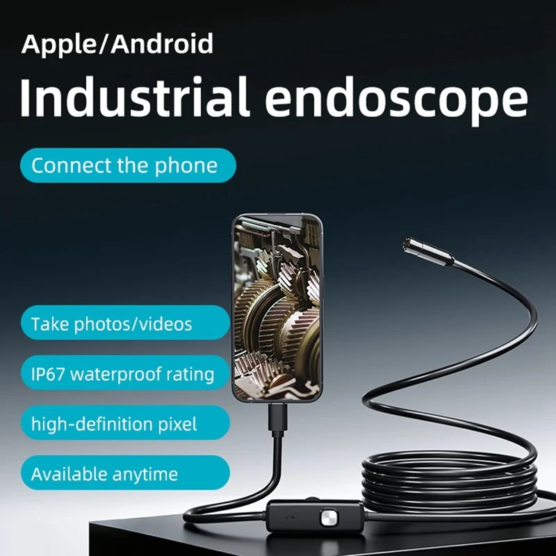 AN112 2m Soft Wire Endoscope Camera with iP (5-14) & Micro USB Adapter Waterproof 8-LED Inspection 8mm Camera Lens Borescope