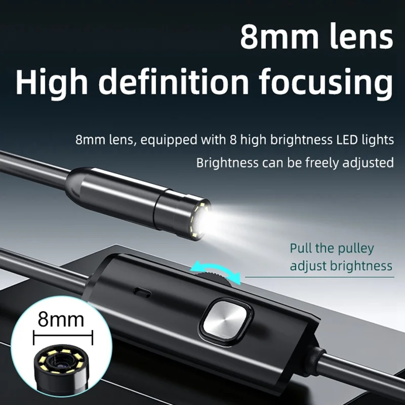 AN112 2m Soft Wire Endoscope Camera with iP (5-14) & Micro USB Adapter Waterproof 8-LED Inspection 8mm Camera Lens Borescope