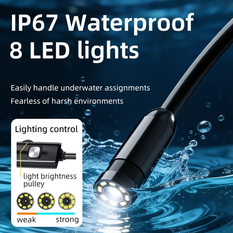 AN112 2m Soft Wire Endoscope Camera with iP (5-14) & Micro USB Adapter Waterproof 8-LED Inspection 8mm Camera Lens Borescope