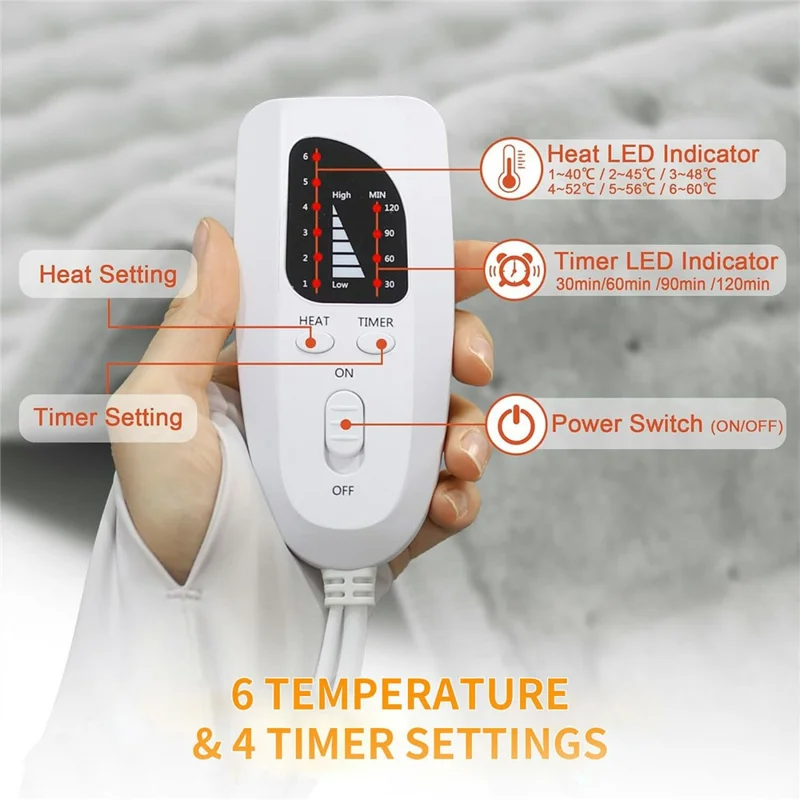 Manta Elétrica Aquecida 84x43 cm Lavável com 6 Níveis de Temperatura e Temporizador - Cinzento / Prata / Tomada UE