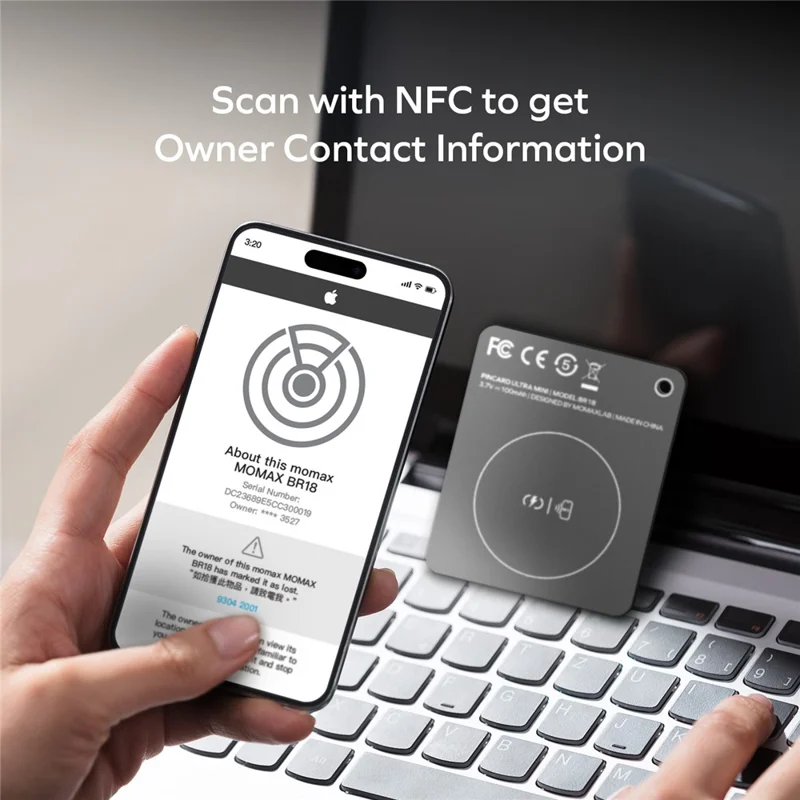 MOMAX BR18 PINCARD ULTRA MINI Balise de Suivi sans Fil avec Charge Sans Fil, Balise Anti-Perte UWB pour iOS - Noir