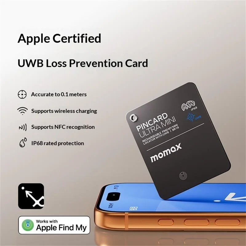 MOMAX BR18 PINCARD ULTRA MINI Balise de Suivi sans Fil avec Charge Sans Fil, Balise Anti-Perte UWB pour iOS - Noir