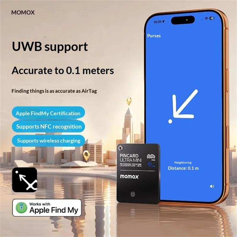 MOMAX BR18 PINCARD ULTRA MINI Balise de Suivi sans Fil avec Charge Sans Fil, Balise Anti-Perte UWB pour iOS - Noir