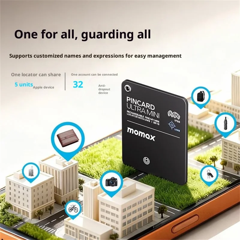 MOMAX BR18 PINCARD ULTRA MINI Balise de Suivi sans Fil avec Charge Sans Fil, Balise Anti-Perte UWB pour iOS - Noir