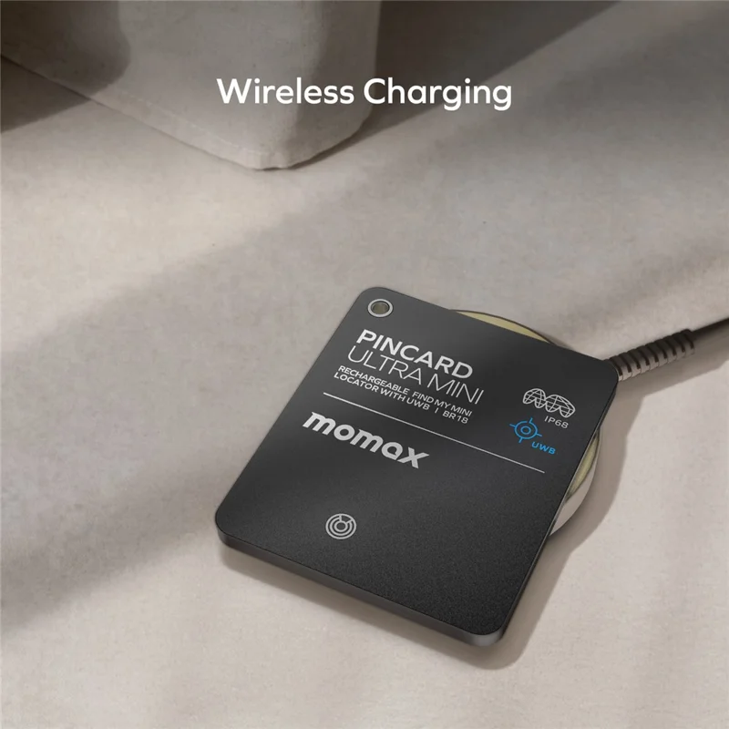 MOMAX BR18 PINCARD ULTRA MINI Balise de Suivi sans Fil avec Charge Sans Fil, Balise Anti-Perte UWB pour iOS - Noir