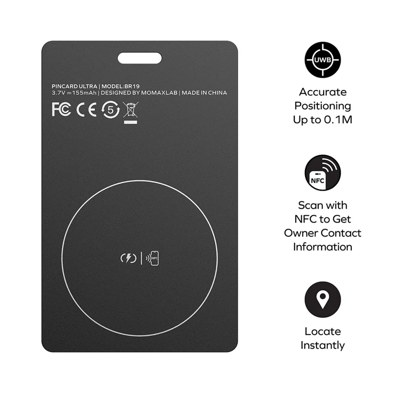 MOMAX BR19 PINCARD ULTRA Card UWB Tracker Wireless Charging Anti-Stalking Tracking Device Anti-Lost Tracker for iOS - Balck