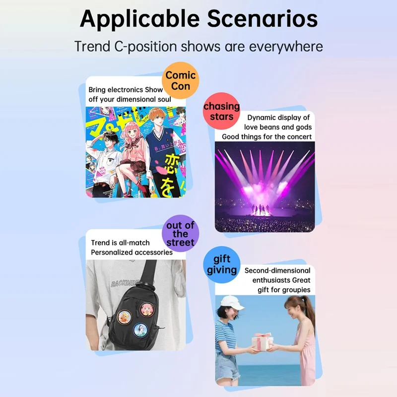 1,85 tommer HD-skærm Bluetooth-kompatibel elektronisk badge Anime dynamisk display brooch gave til studerende fans - Blå / Lilla