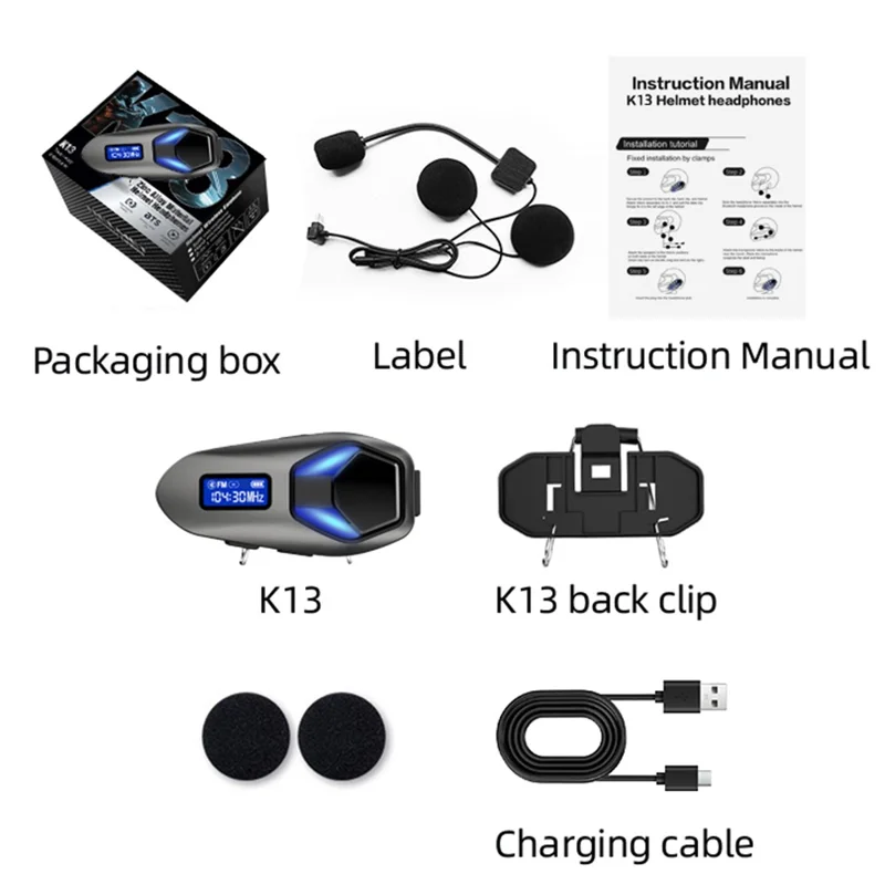 K13-2X Motorcycle Bluetooth-compatible Helmet Intercom Headset IP65 Waterproof 40H Battery Wireless Headphones for Riding - Black