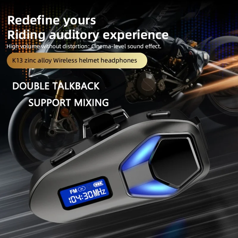 K13-2X Motorcycle Bluetooth-compatible Helmet Intercom Headset IP65 Waterproof 40H Battery Wireless Headphones for Riding - Black