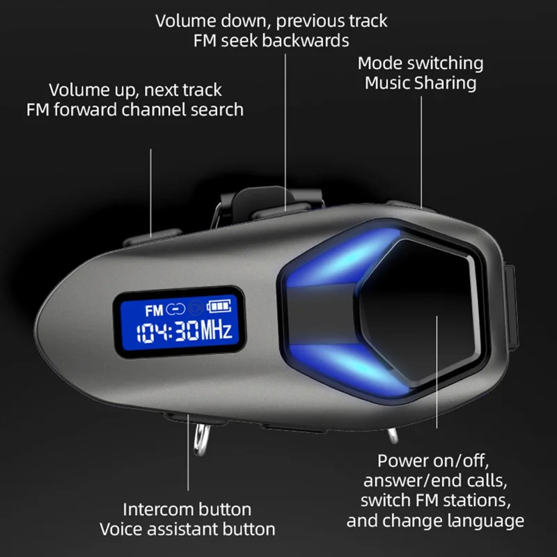 K13-2X Motorcycle Bluetooth-compatible Helmet Intercom Headset IP65 Waterproof 40H Battery Wireless Headphones for Riding - Black