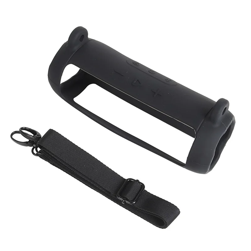Soft Silicone Case for JBL Flip 7 Bluetooth-compatible Speaker Protective Cover with Shoulder Strap Carabiner - Black