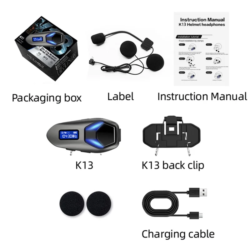 K13-2X Motorcycle Bluetooth-compatible Helmet Headphones IP65 Waterproof Wireless Headset for Riding Sports - Black