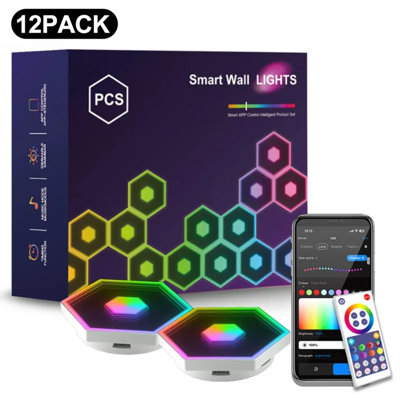 G01 12Pcs Tuya WiFi Version Bluetooth-compatible Smart Hexagon Light Panels RGB LED Wall Lights App Control Music Sync Wall Lamp Panel Kit for Bedroom Gaming Room