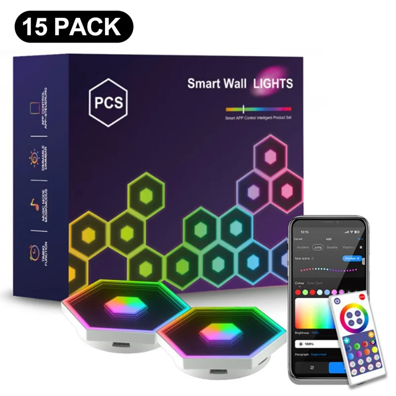G01 15Pcs Smart Hexagon Light Panels RGB LED Wall Lights App Control Music Sync Wall Lamp Panel Kit for Bedroom Gaming Room