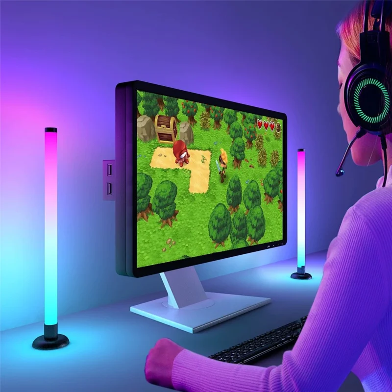 SAL061 قطعتين مصباح إضاءة محيطية للألعاب بزاوية 360 درجة مع إضاءة RGB متزامنة مع الموسيقى، تحكم ذكي عبر تطبيق APP، إضاءة محيطية عبر USB