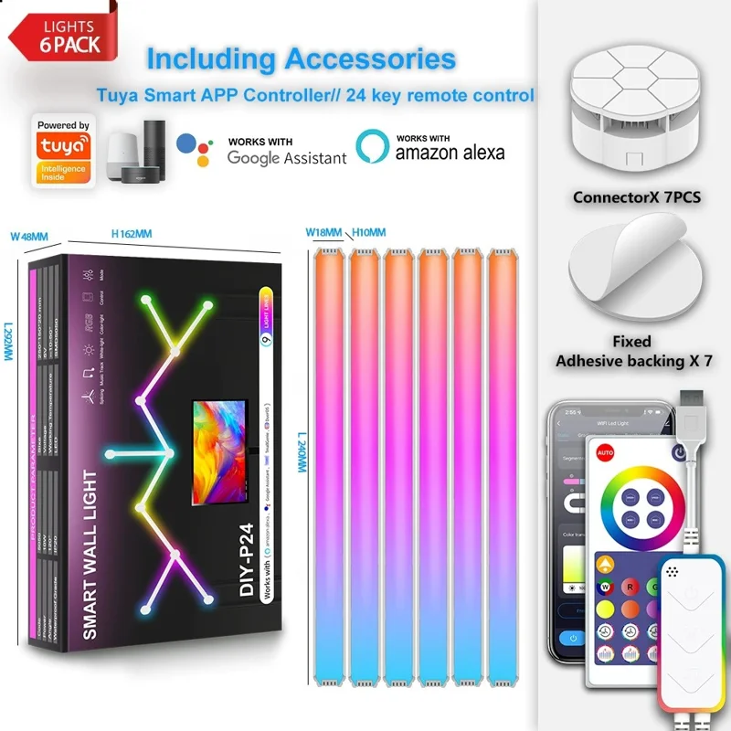 DIY024 6 قطعة مصابيح ذكية بتصميم جداري قابلة للتخصيص مع واي فاي تويا، إضاءة حيوية RGBIC تعمل بالبلوتوث، تحكم عبر تطبيق مع مؤثرات موسيقية - أبيض